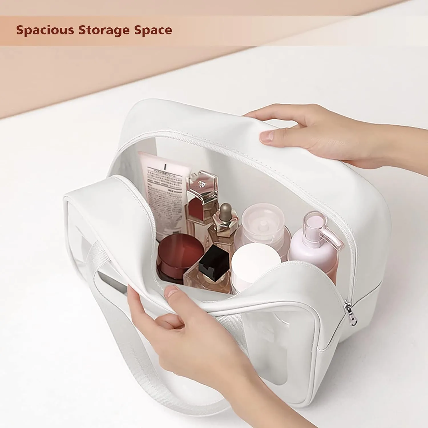 Travel Toiletry Bag for Women and Men, Matte Translucent Shower Bag with Handy Handle, Makeup Cosmetic Organizer Bag for Travel Toiletries Accessories (White)