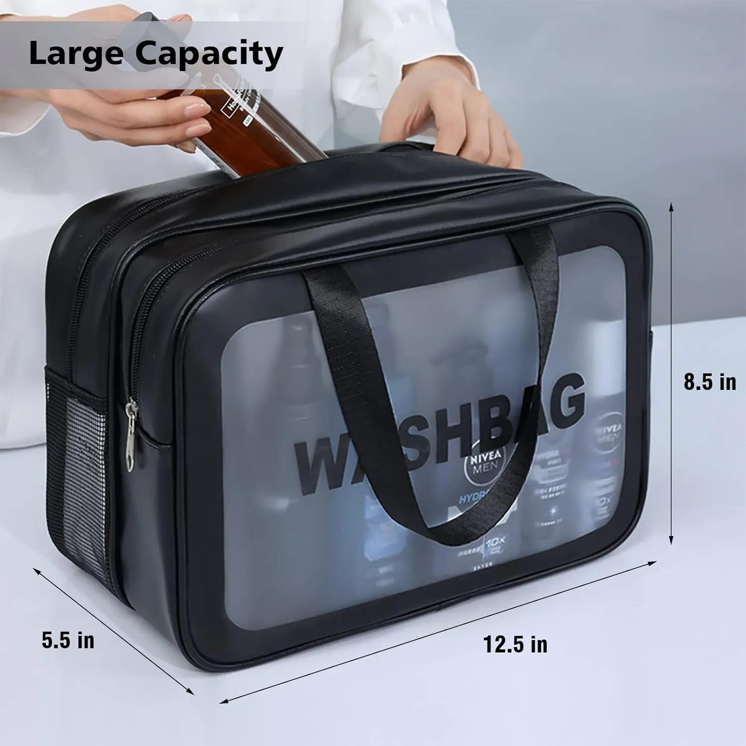 Travel Toiletry Bag for Women and Men, Matte Translucent Toiletry Bag with Handy Handle, Makeup Cosmetic Organizer Bag for Travel Toiletries Accessories (Black-XL)