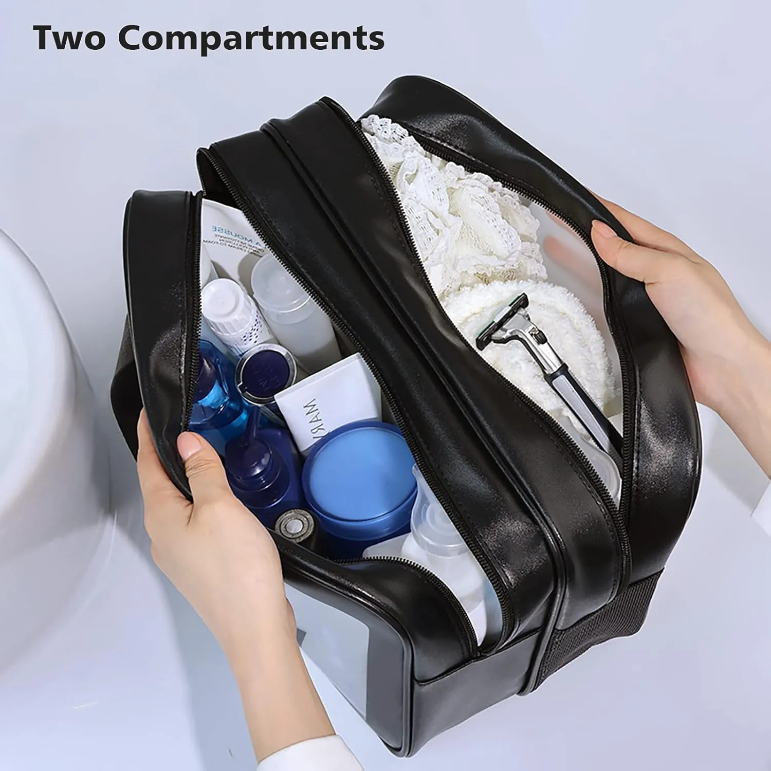 Travel Toiletry Bag for Women and Men, Matte Translucent Toiletry Bag with Handy Handle, Makeup Cosmetic Organizer Bag for Travel Toiletries Accessories (Black-XL)