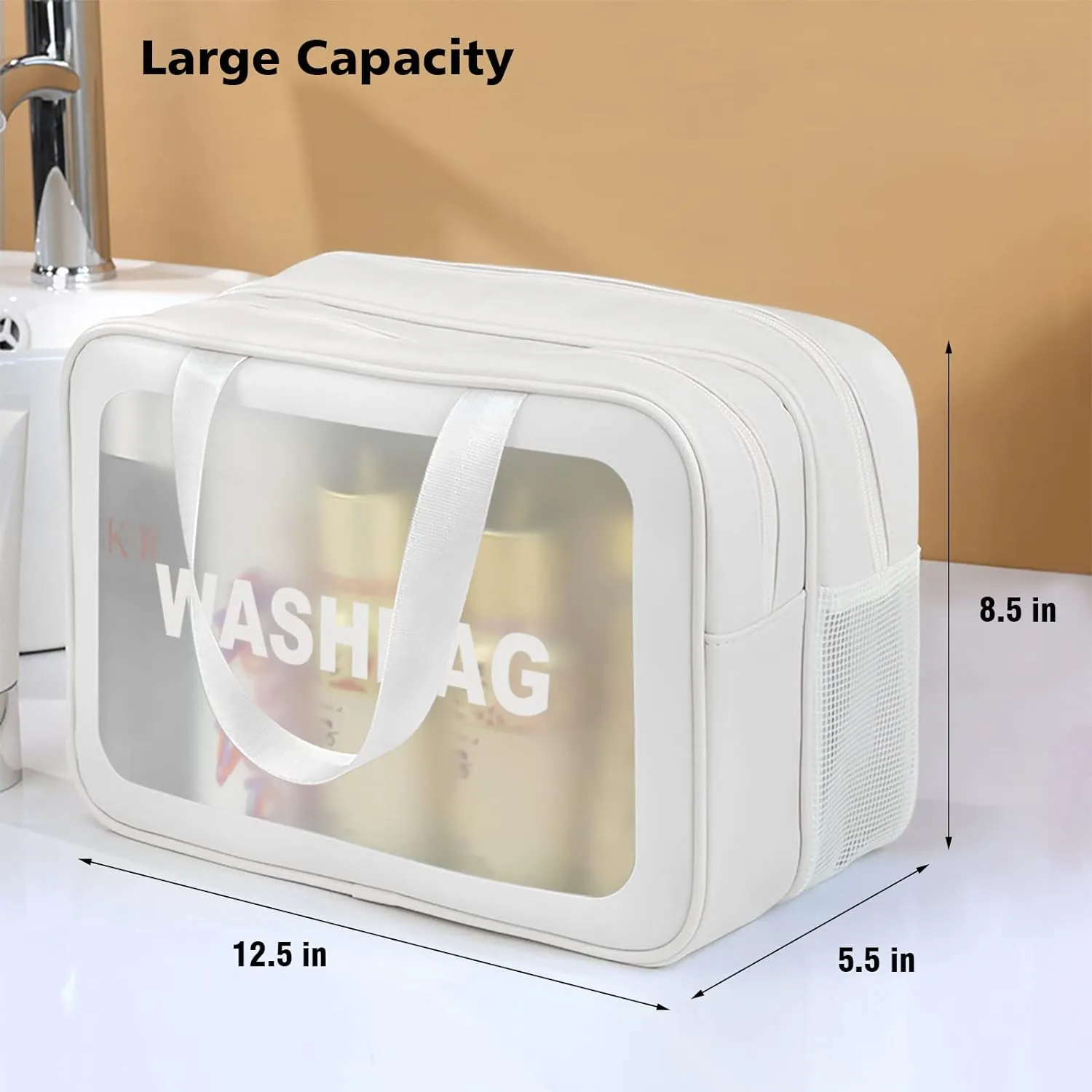 Travel Toiletry Bag for Women and Men, Matte Translucent Toiletry Bag with Handy Handle, Makeup Cosmetic Organizer Bag for Travel Toiletries Accessories (White-XL)