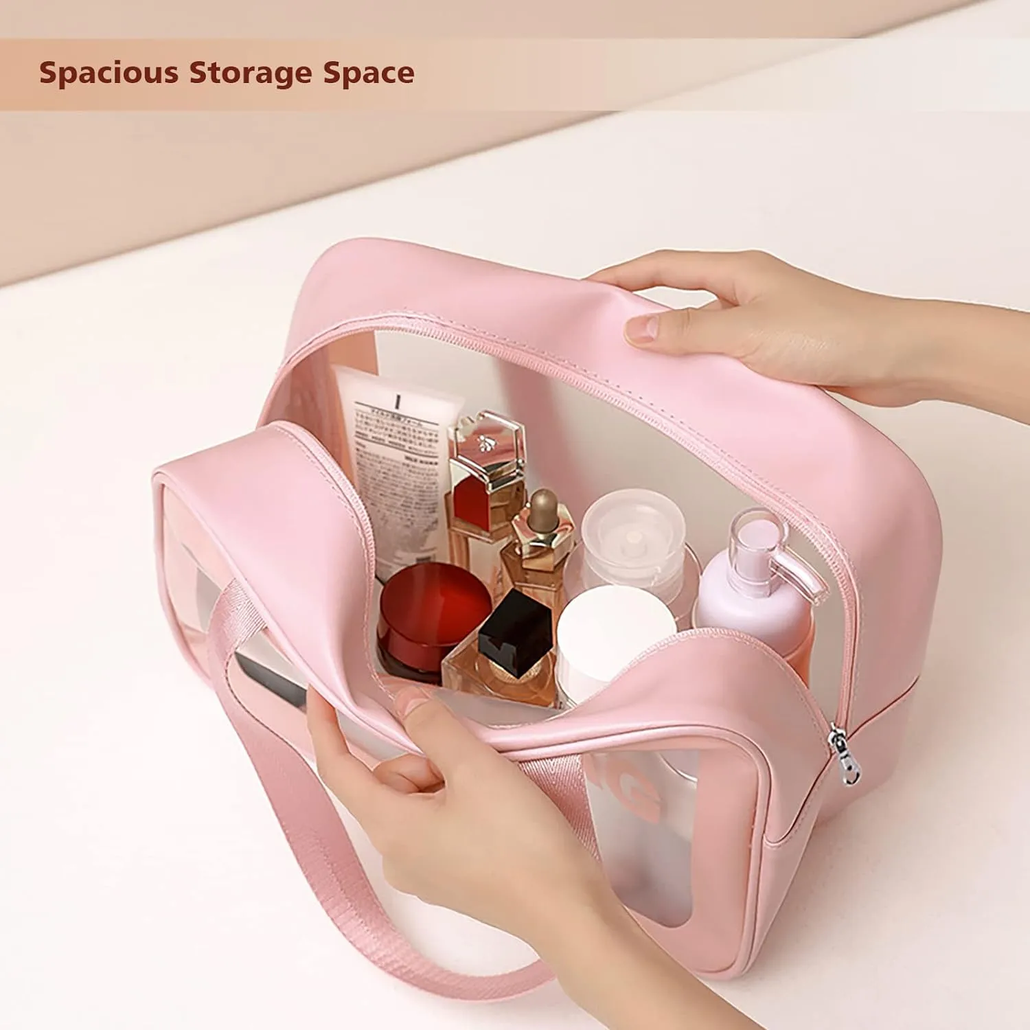 Travel Toiletry Bag for Women, Matte Translucent Shower Bag with Handy Handle, Makeup Cosmetic Organizer Bag for Travel Toiletries Accessories (Pink)