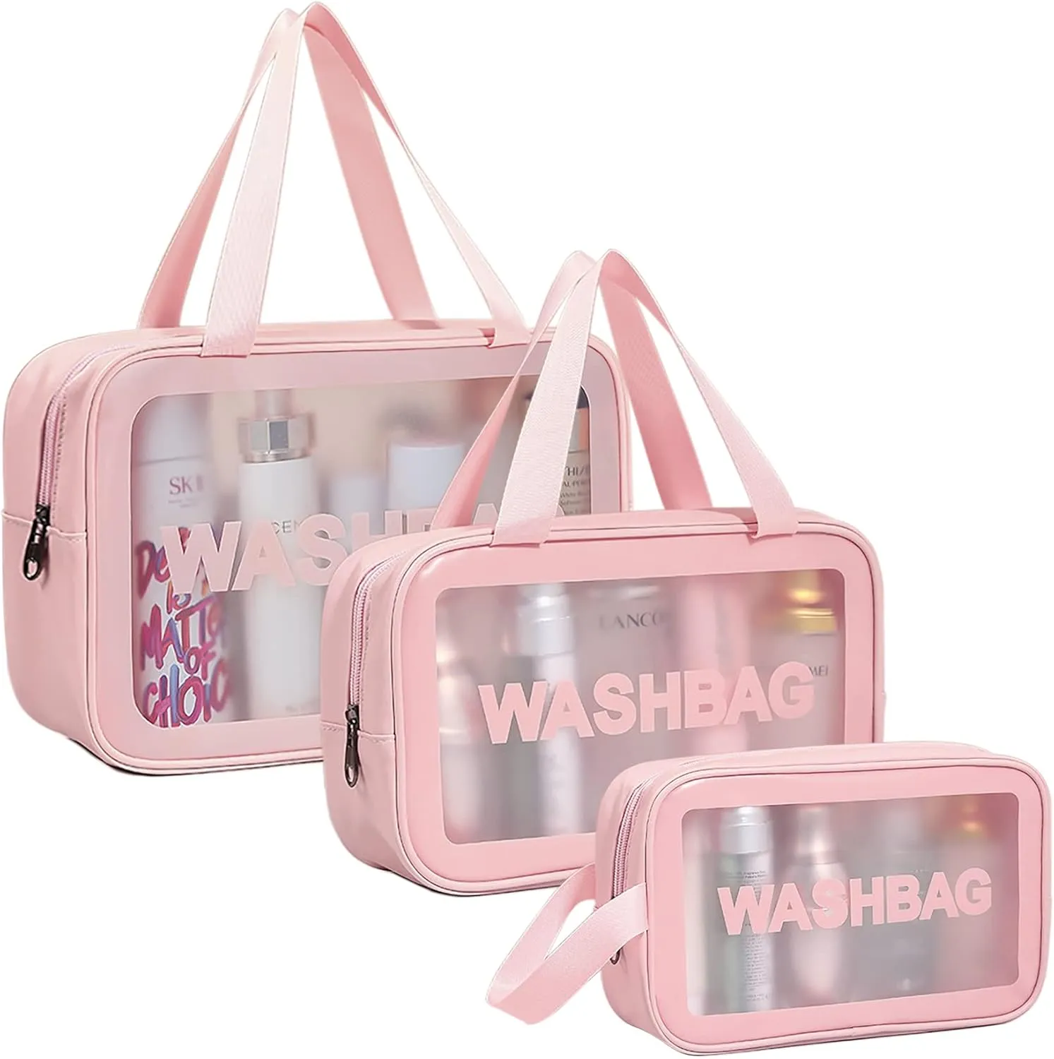 Travel Toiletry Bag for Women, Matte Translucent Shower Bag with Handy Handle, Makeup Cosmetic Organizer Bag for Travel Toiletries Accessories (Pink)
