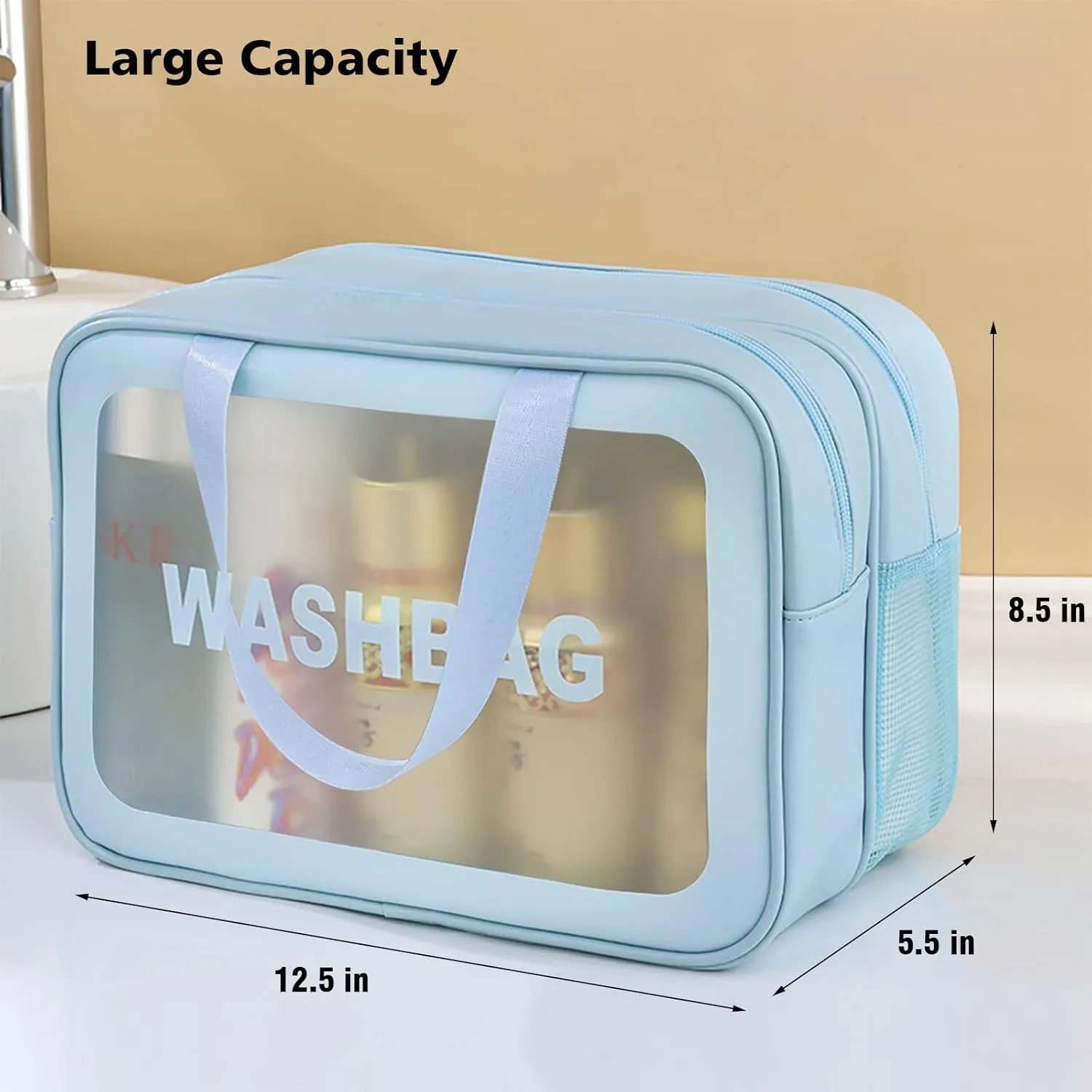 Travel Toiletry Bag for Women, Matte Translucent Toiletry Bag with Handy Handle, Makeup Cosmetic Organizer Bag for Travel Toiletries Accessories (Blue-XL)