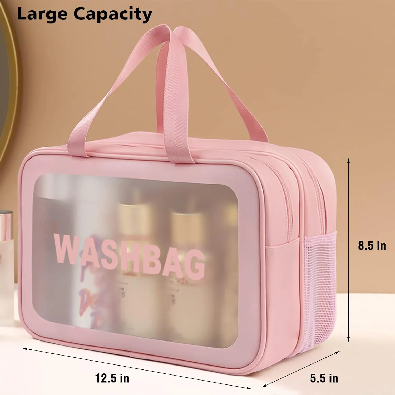 Travel Toiletry Bag for Women, Matte Translucent Toiletry Bag with Handy Handle, Makeup Cosmetic Organizer Bag for Travel Toiletries Accessories (Pink-XL)