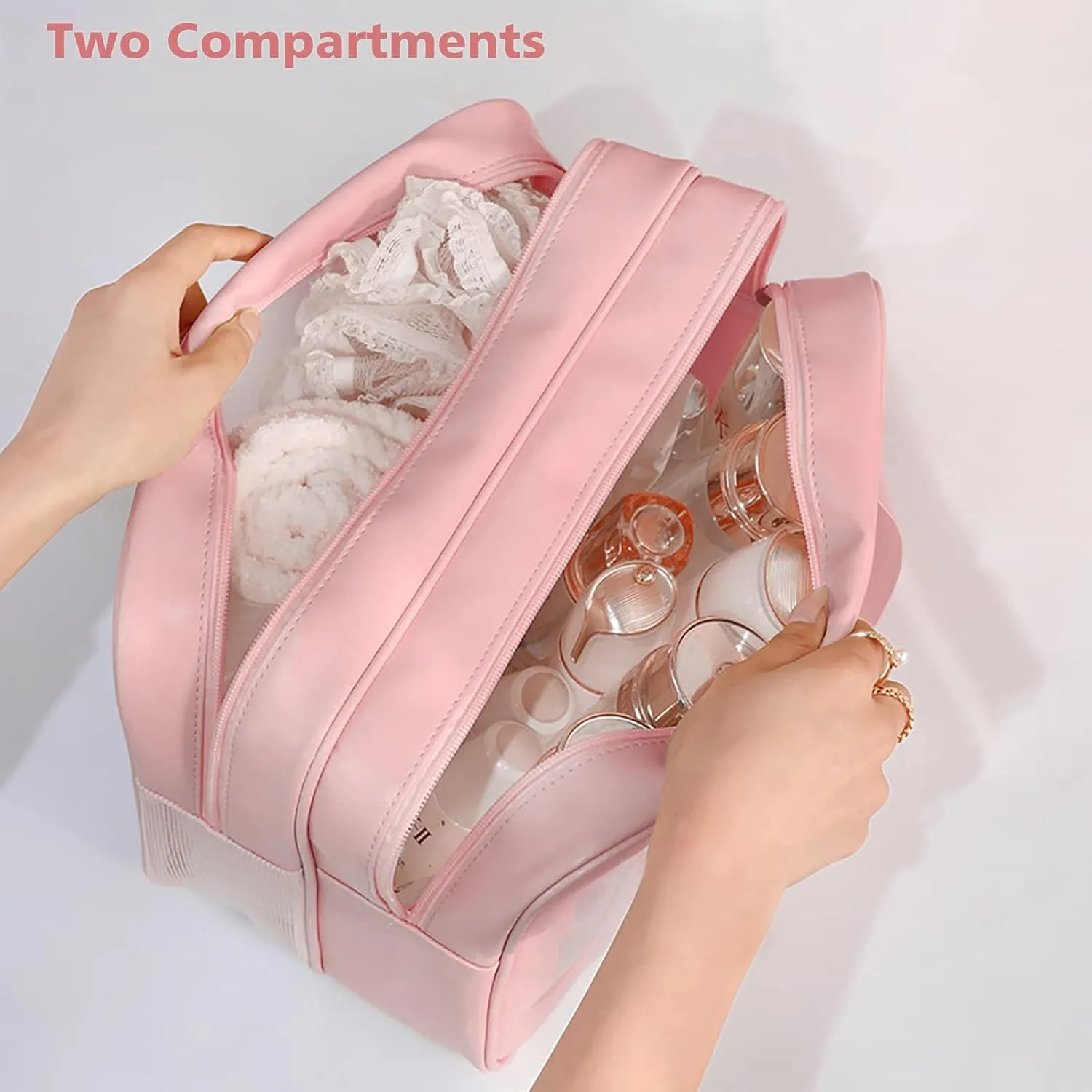 Travel Toiletry Bag for Women, Matte Translucent Toiletry Bag with Handy Handle, Makeup Cosmetic Organizer Bag for Travel Toiletries Accessories (Pink-XL)