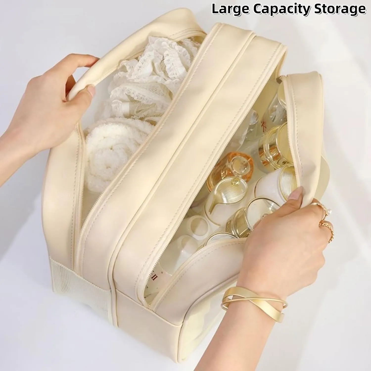 Travel Toiletry Bag for Women, Matte Translucent Toiletry Bag with Handy Handle, Makeup Cosmetic Organizer Bag for Travel Toiletries Accessories (White Bag)