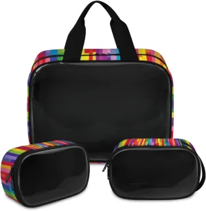 Travel Toiletry Bag for Women Men, Stripes Rainbow Makeup Bag Large Tote 3 Pcs Translucent Cosmetic Bags Pouch for Toiletries Cosmetics Organizer