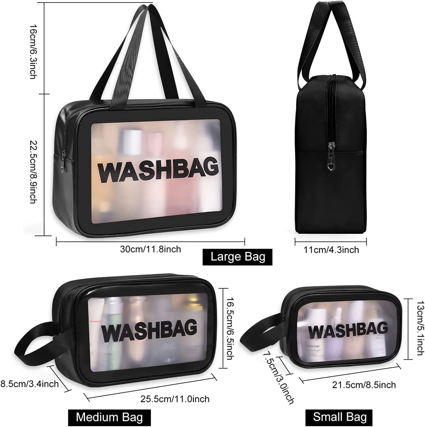 Travel Toiletry Bag for Women Men - Translucent,Waterproof, Portable and Cute Makeup Cosmetic Bag Set(A-Black)