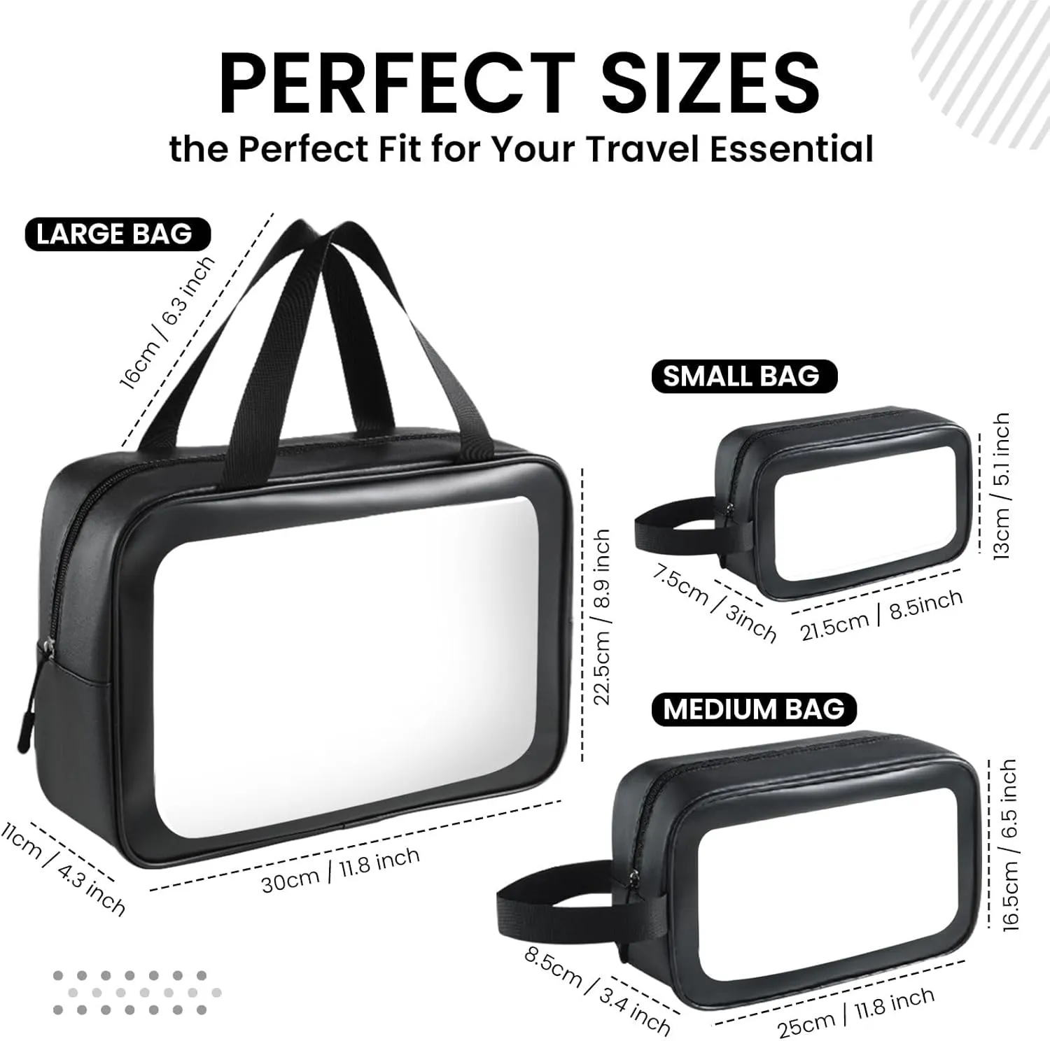 Travel Toiletry Bag for Women Men -Waterproof, Clear, Portable and Cute Makeup Cosmetic Bag Set (3-Black)