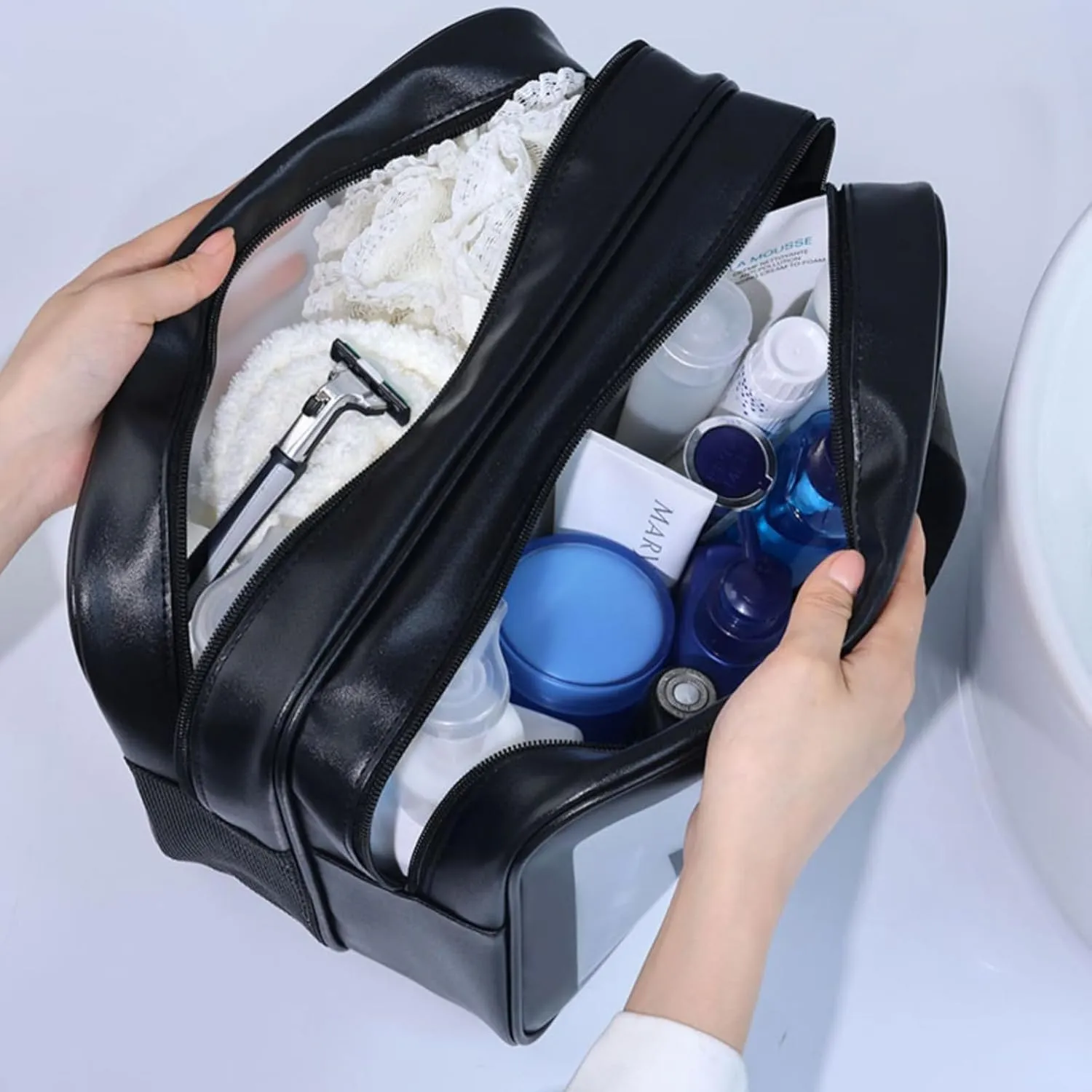 Travel Toiletry Bag Large Matte Translucent Makeup Bags Cosmetics Bag Skin Care Bag Toiletry Organizer Thickened Wash Bag (Black)