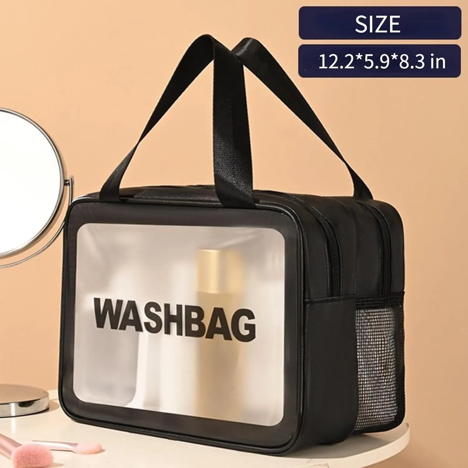Travel Toiletry Bag Large Matte Translucent Makeup Bags Cosmetics Bag Skin Care Bag Toiletry Organizer Thickened Wash Bag (Black)