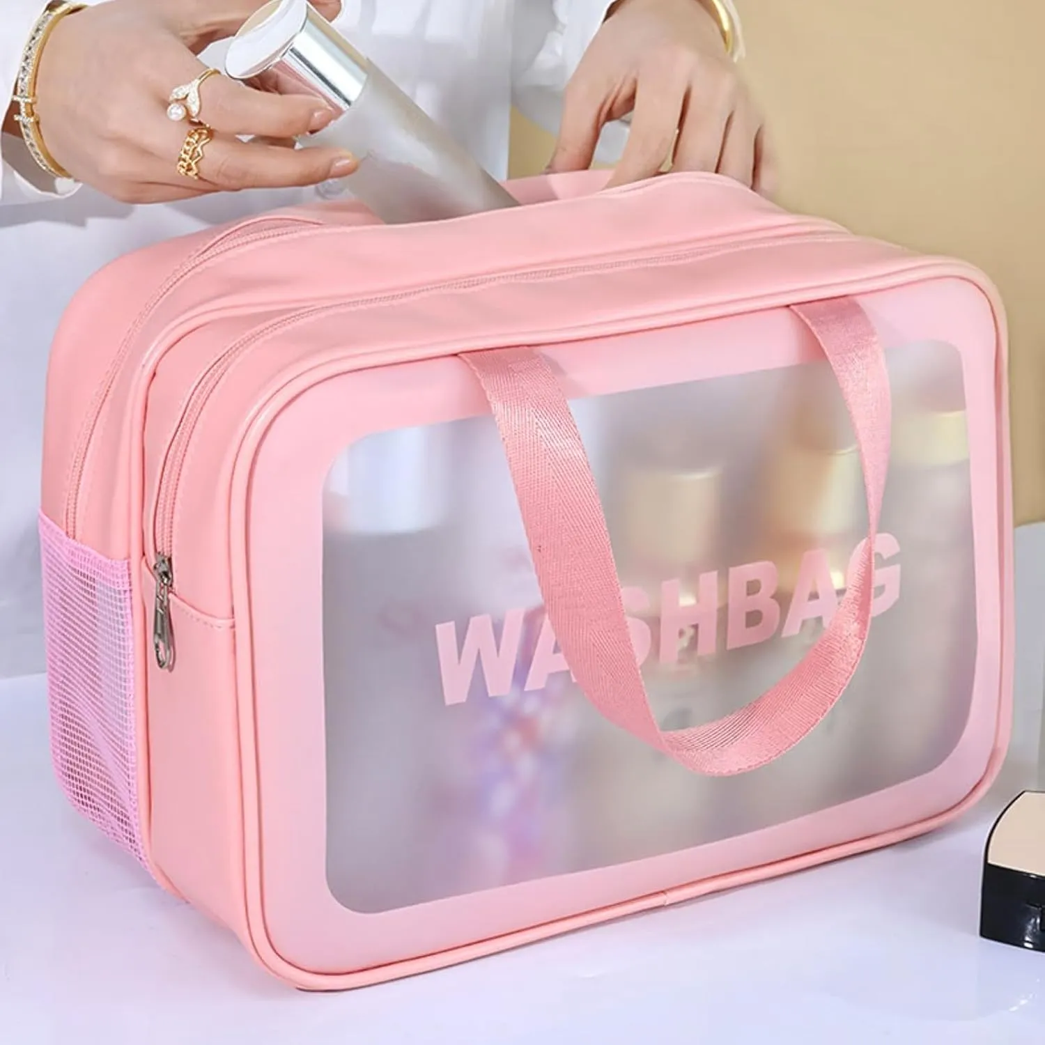 Travel Toiletry Bag Large Matte Translucent Makeup Bags Cosmetics Bag Skin Care Bag Toiletry Organizer Thickened Wash Bag (Pink)