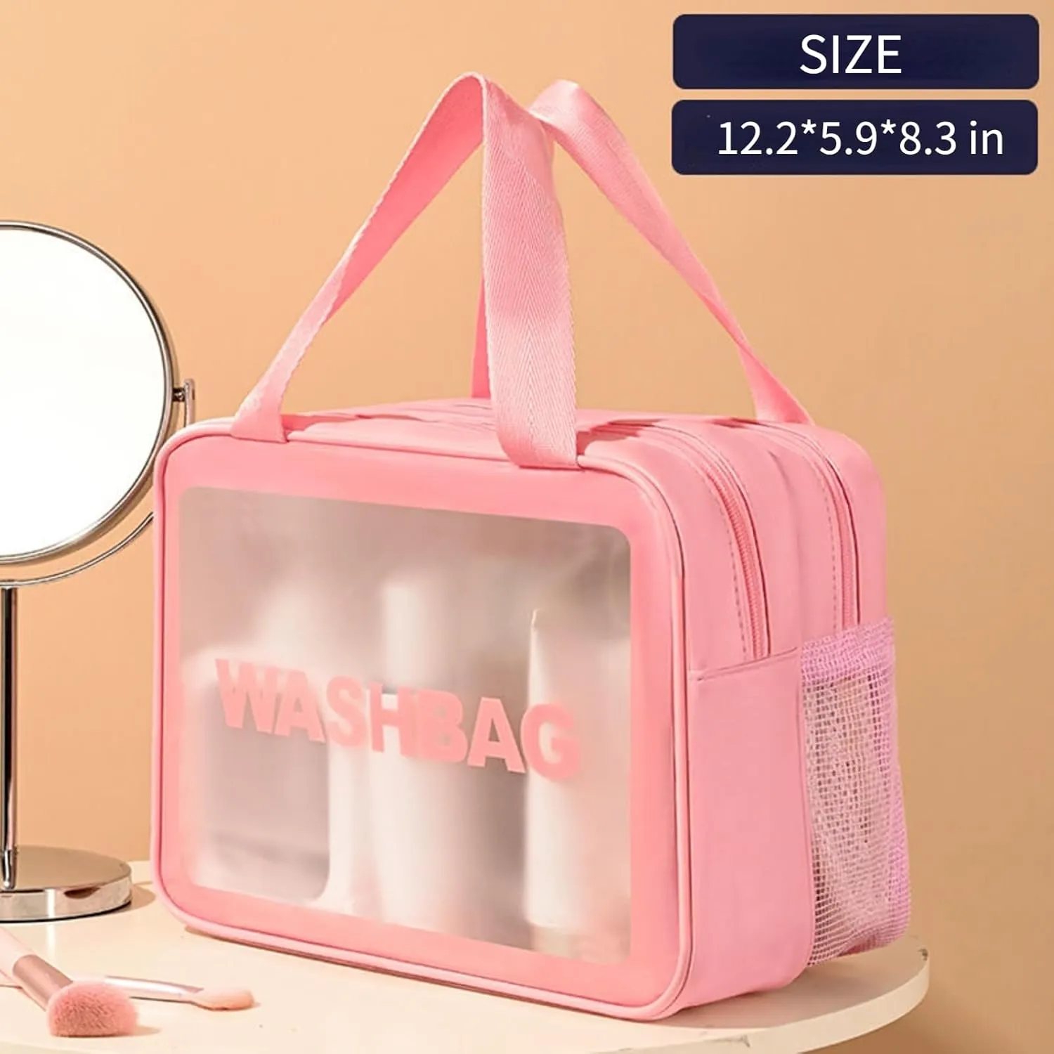 Travel Toiletry Bag Large Matte Translucent Makeup Bags Cosmetics Bag Skin Care Bag Toiletry Organizer Thickened Wash Bag (Pink)