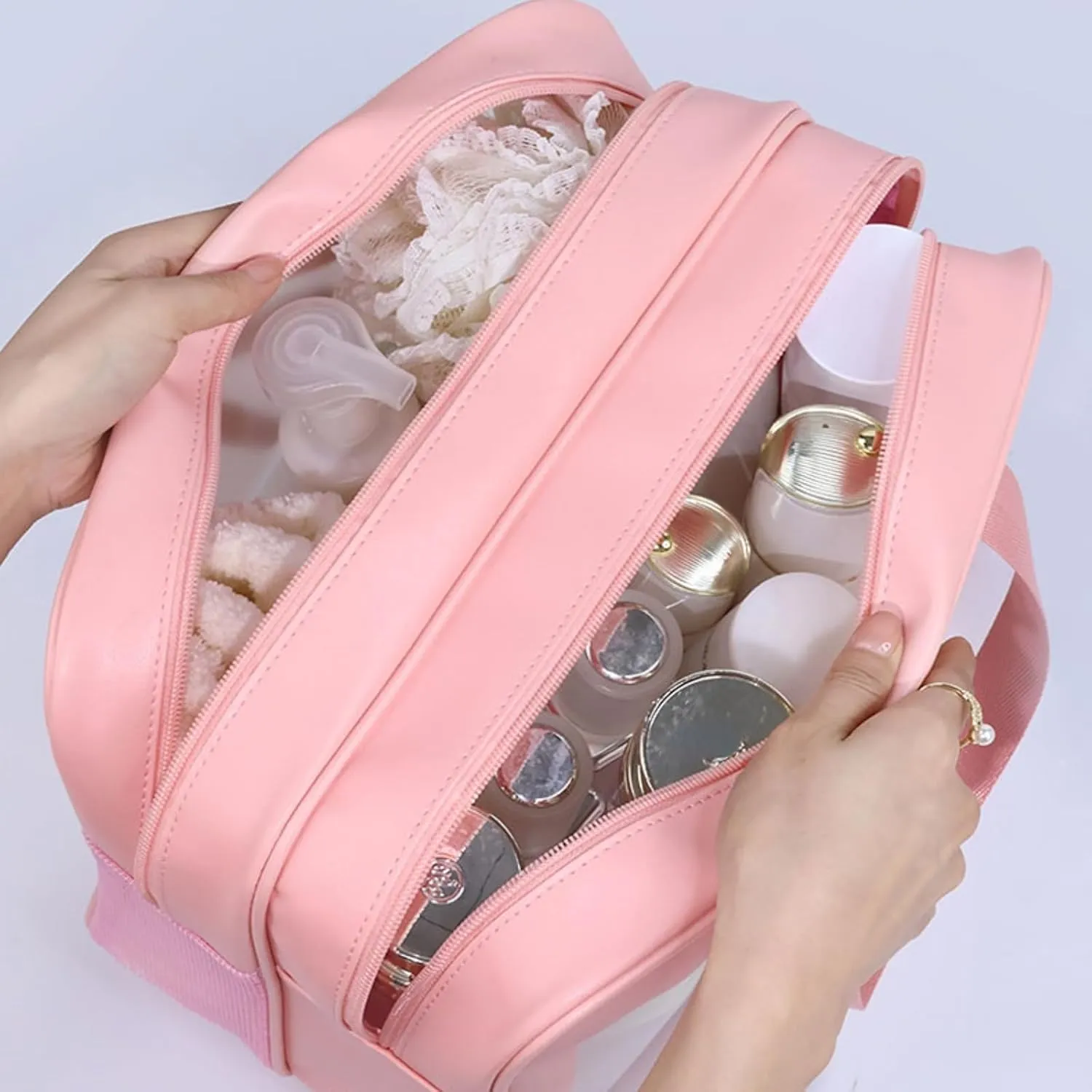 Travel Toiletry Bag Large Matte Translucent Makeup Bags Cosmetics Bag Skin Care Bag Toiletry Organizer Thickened Wash Bag (Pink)