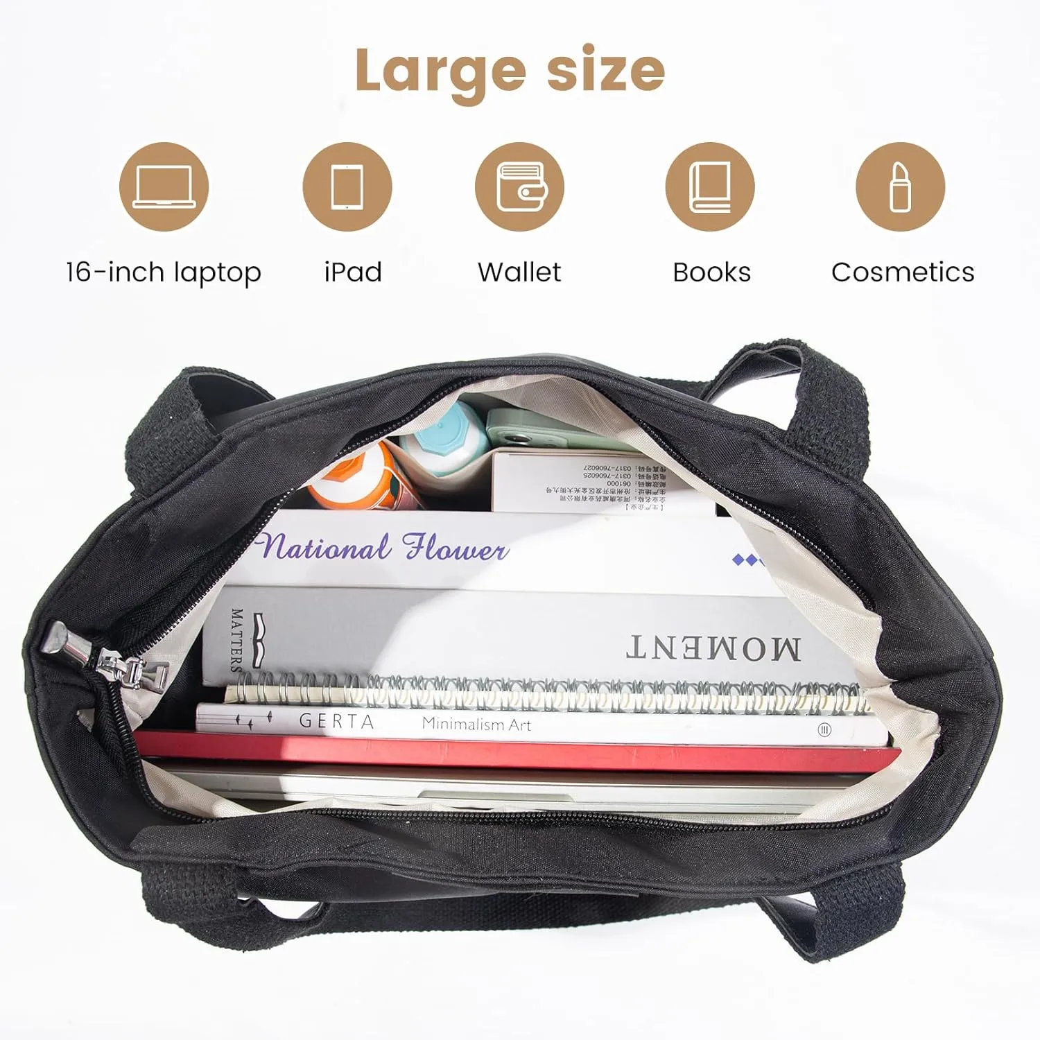 Travel Tote Bag for Women with Zipper， Waterproof Tote Bag for Gym, Shoulder Bag Handbag for Work，Tote Bag for Books