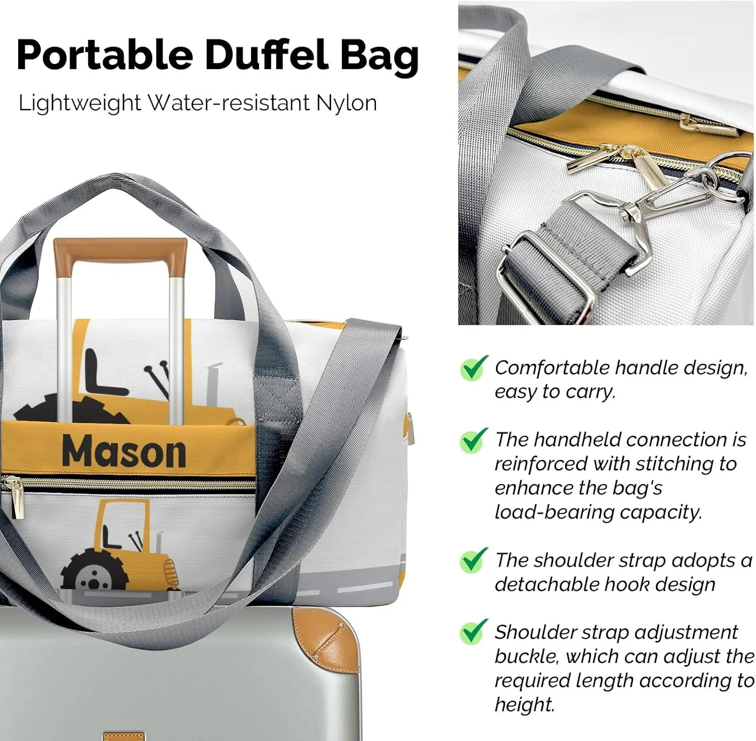 Truck Yellow Personalized Duffel Bag,Custom Travel Gym Bag with Name,Waterproof Sports Overnight Bag with Shoe Compartment & Shoulder Strap