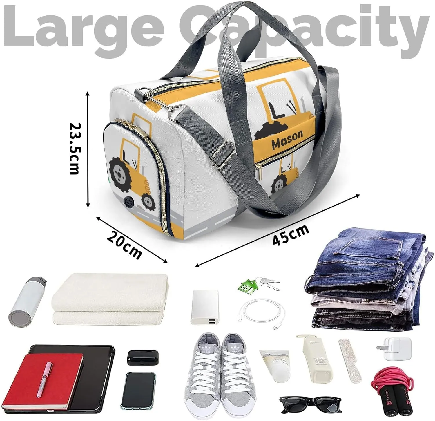 Truck Yellow Personalized Duffel Bag,Custom Travel Gym Bag with Name,Waterproof Sports Overnight Bag with Shoe Compartment & Shoulder Strap