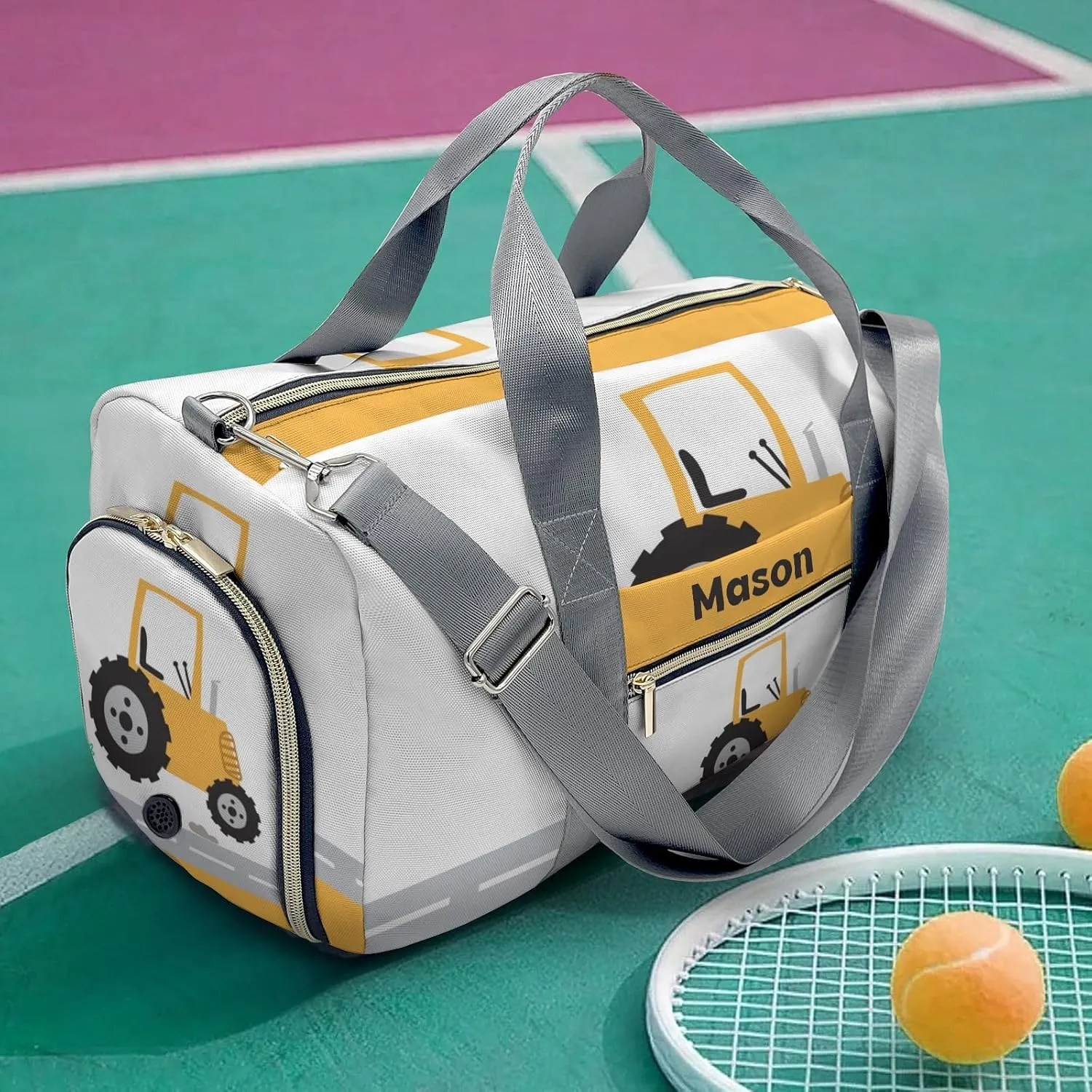 Truck Yellow Personalized Duffel Bag,Custom Travel Gym Bag with Name,Waterproof Sports Overnight Bag with Shoe Compartment & Shoulder Strap