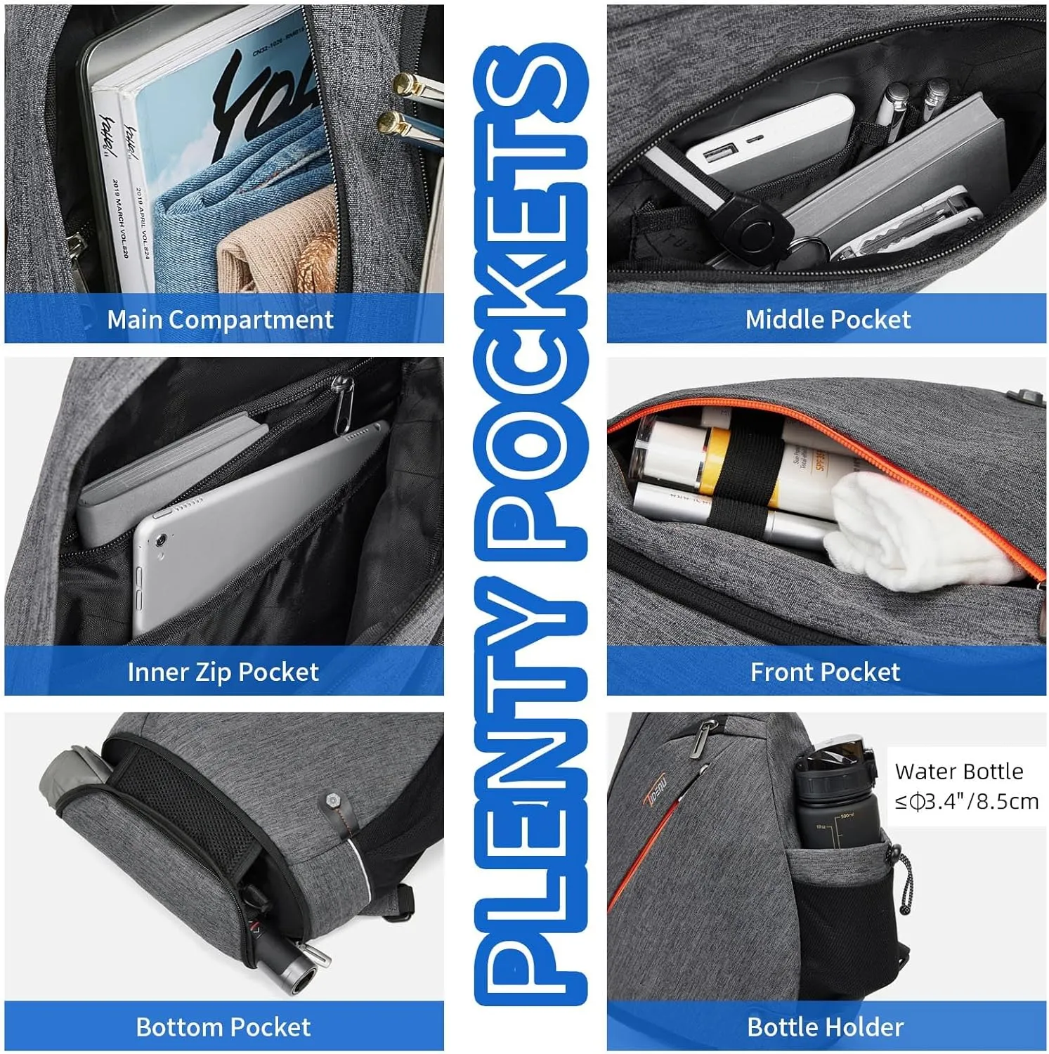 TUDEQU Sling backpack, 8 Pockets Sling Bag Crossbody, 19L Large Sling Bag for Men Travel Crossbody Backpack Hiking Outdoor