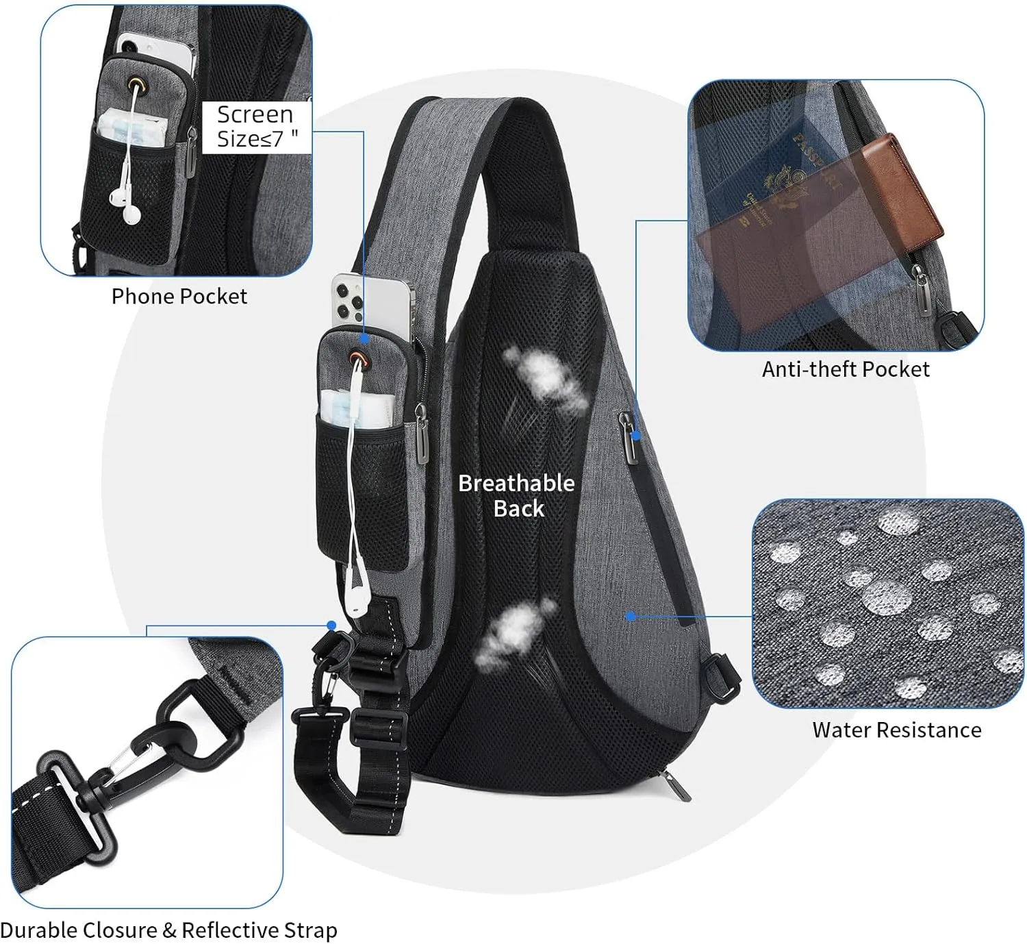 TUDEQU Sling backpack, 8 Pockets Sling Bag Crossbody, 19L Large Sling Bag for Men Travel Crossbody Backpack Hiking Outdoor