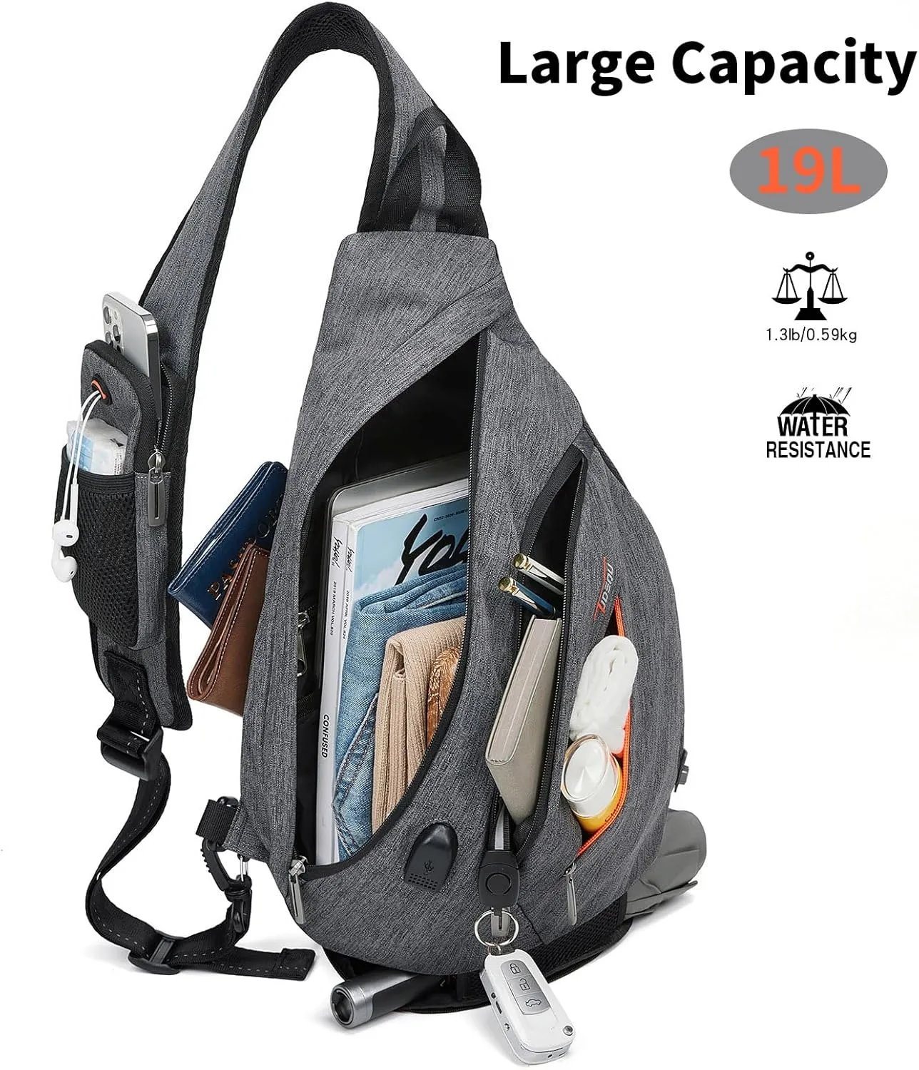 TUDEQU Sling backpack, 8 Pockets Sling Bag Crossbody, 19L Large Sling Bag for Men Travel Crossbody Backpack Hiking Outdoor