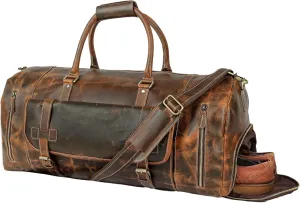 Tuzech Vintage Leather men's Travel Duffle luggage bag with Shoe Pouch,Professional Bag Gym Sports Soft Shell Overnight Weekend Brown Color