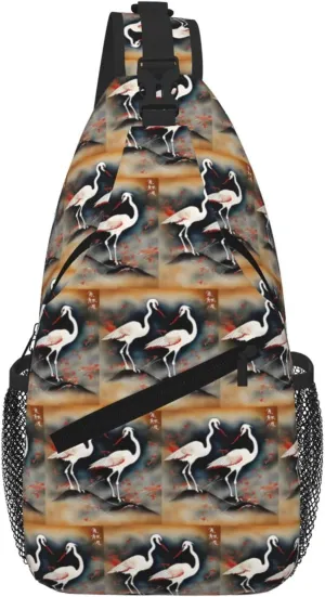 Two Japanese Cranes Flying Traditional Painting Men Casual Diagonal Chest Bag Cross Package Diagonally Women Travel Satchel Single Shoulder Bag