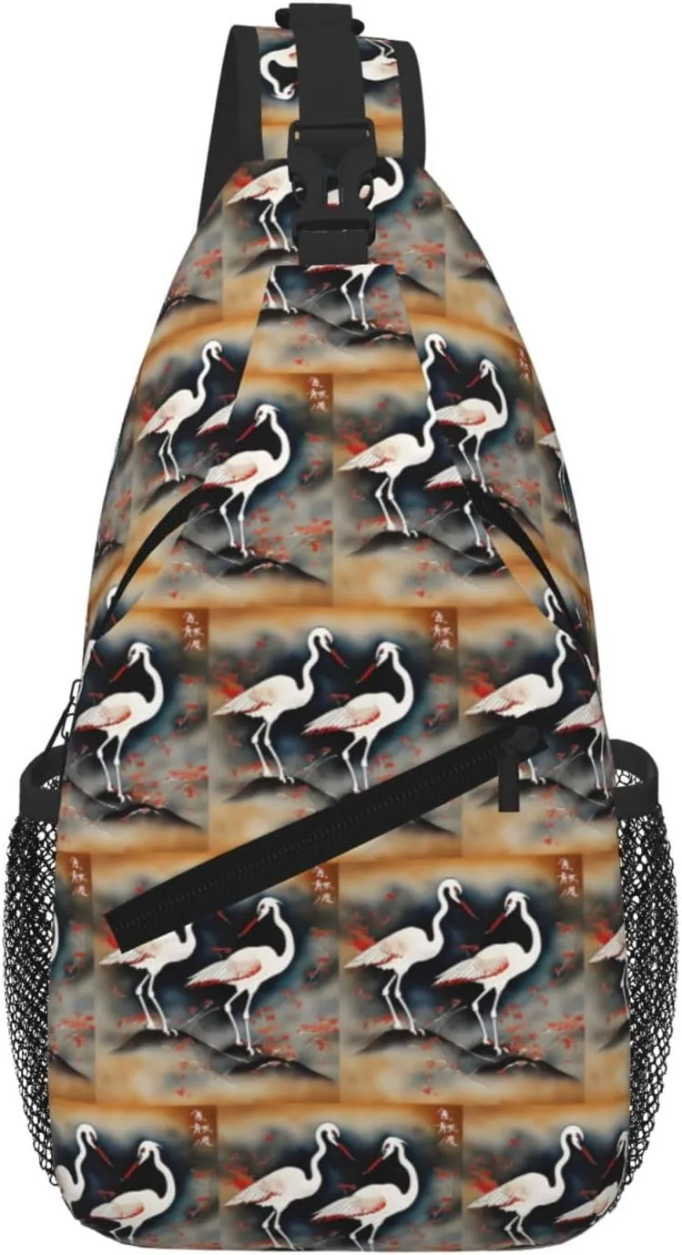 Two Japanese Cranes Flying Traditional Painting Men Casual Diagonal Chest Bag Cross Package Diagonally Women Travel Satchel Single Shoulder Bag