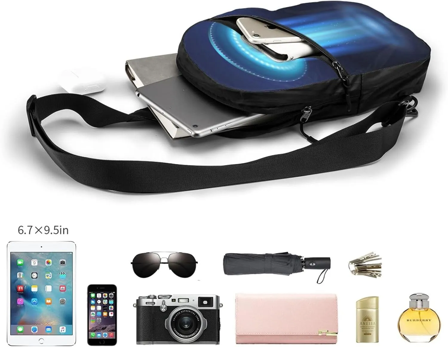 Ufo Space Ship Blue Sling Bag for Men Women, Small Crossbody Sling Backpack Shoulder Chest Bag, Anti Theft Travel Hiking Sports