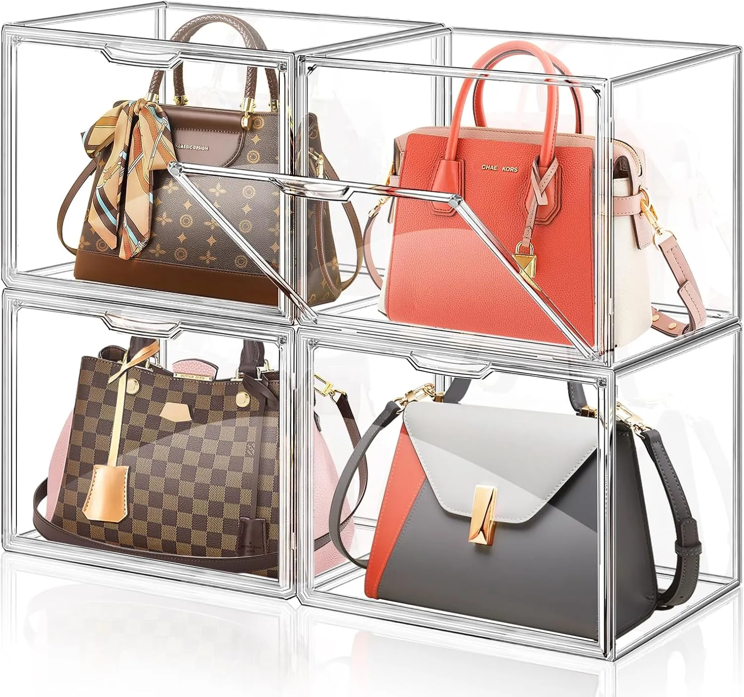 ULENDIS 4 Packs Plastic Purse Storage Organizer for Closet, Clear Display Case for Purse and Handbag, Stackable Storage Boxes Organizer with Magnetic Door for Wallet Book Cosmetic Toys Display