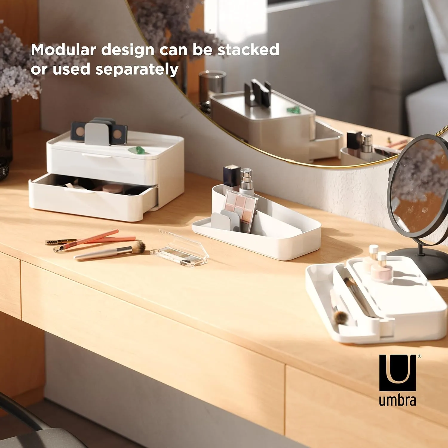 Umbra Glam Organizer, Large Cosmetic and Makeup Organizer with Three Drawers, Rubber Feet and Removable Dividers, White/Grey