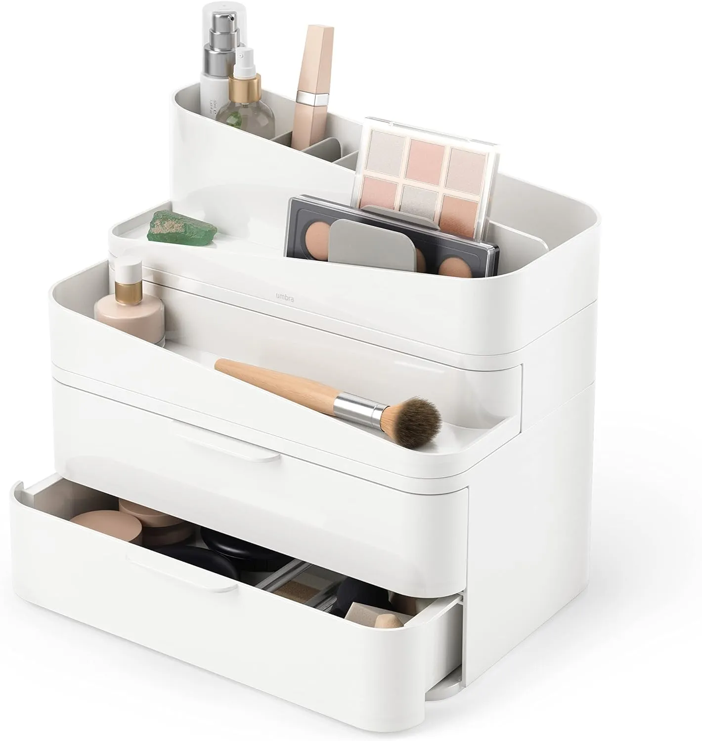 Umbra Glam Organizer, Large Cosmetic and Makeup Organizer with Three Drawers, Rubber Feet and Removable Dividers, White/Grey