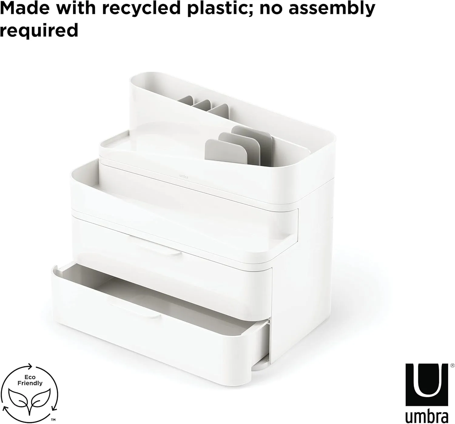 Umbra Glam Organizer, Large Cosmetic and Makeup Organizer with Three Drawers, Rubber Feet and Removable Dividers, White/Grey