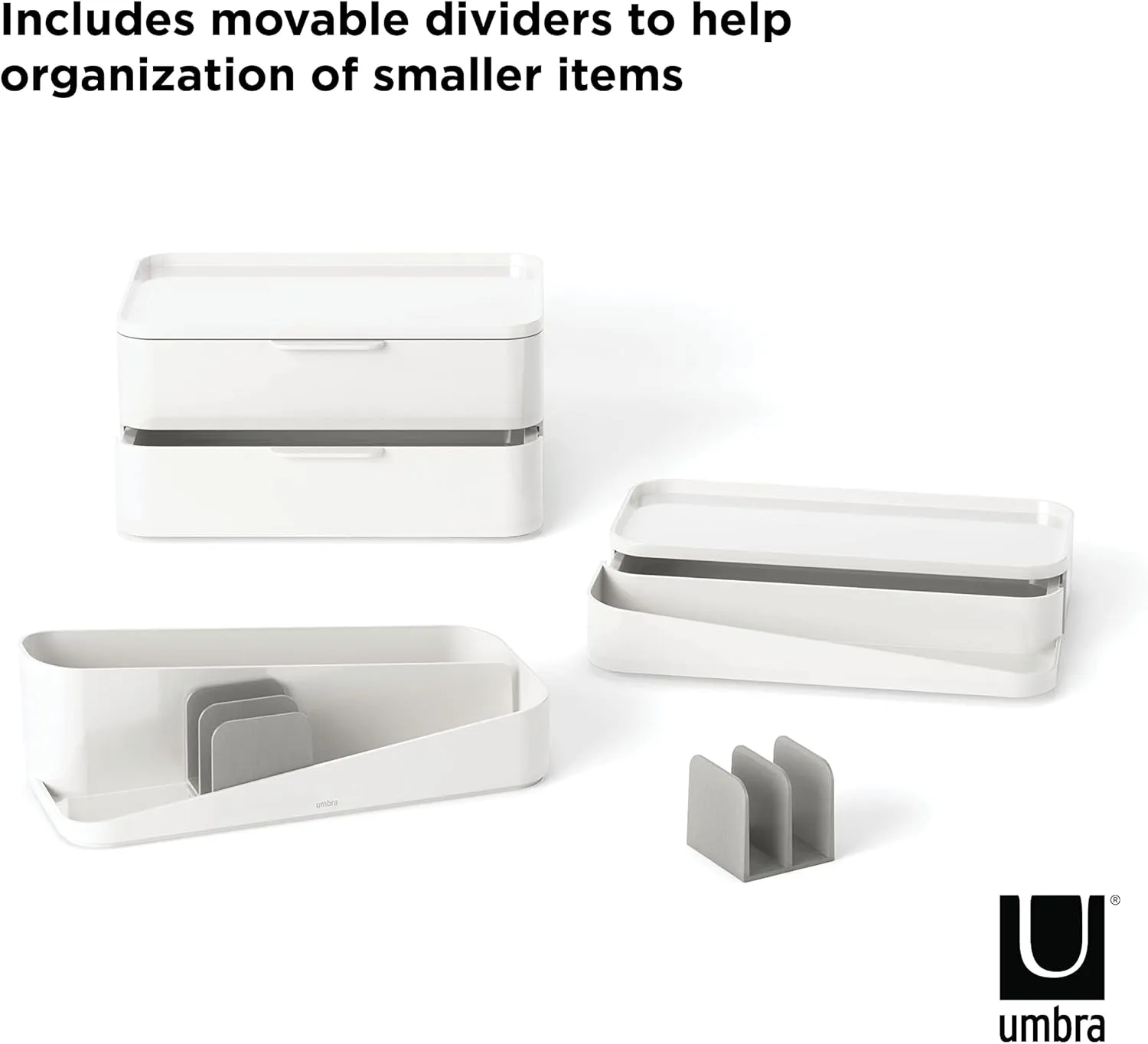 Umbra Glam Organizer, Large Cosmetic and Makeup Organizer with Three Drawers, Rubber Feet and Removable Dividers, White/Grey