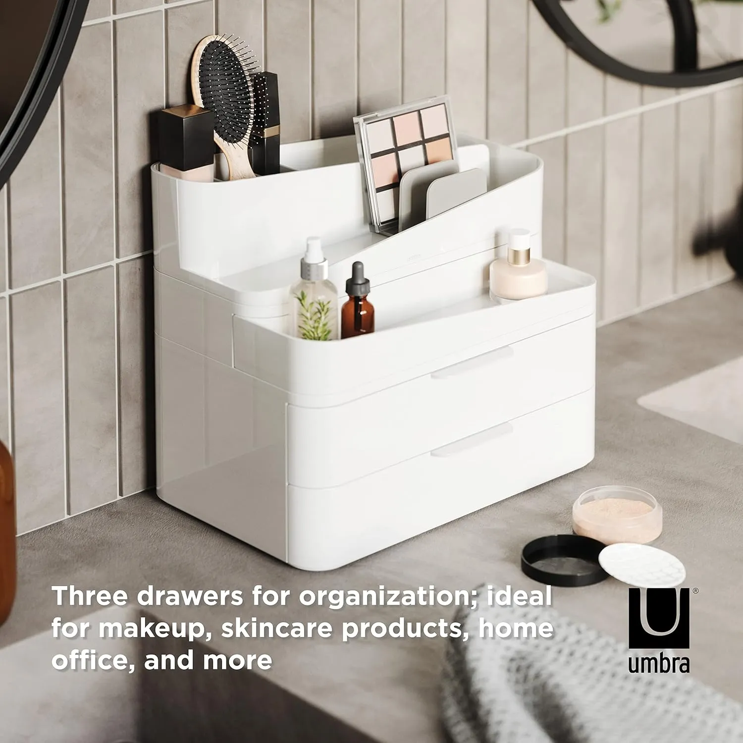 Umbra Glam Organizer, Large Cosmetic and Makeup Organizer with Three Drawers, Rubber Feet and Removable Dividers, White/Grey