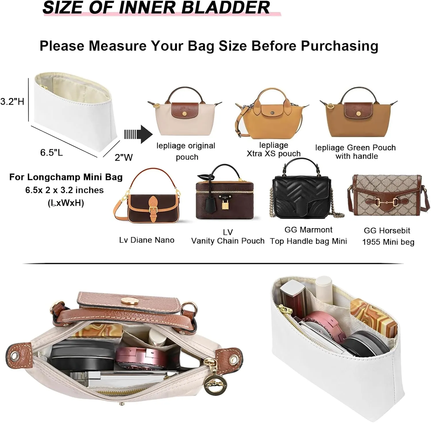 Upgraded Dupont Paper Mini Organizer Insert for Longchamp XS Bag wihte Zipper Purse Insert（Dupont Paper,Withe）