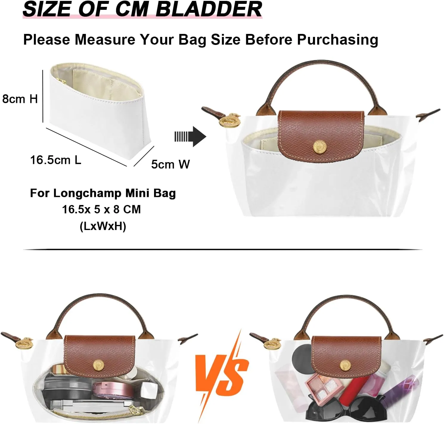Upgraded Dupont Paper Mini Organizer Insert for Longchamp XS Bag wihte Zipper Purse Insert（Dupont Paper,Withe）