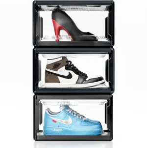 Urban Loft Premium Stackable Acrylic Shoe Storage Boxes - Clear Organizer for Closet - Set of 3 Large Sneaker Display Cases with Drop Lid - Black