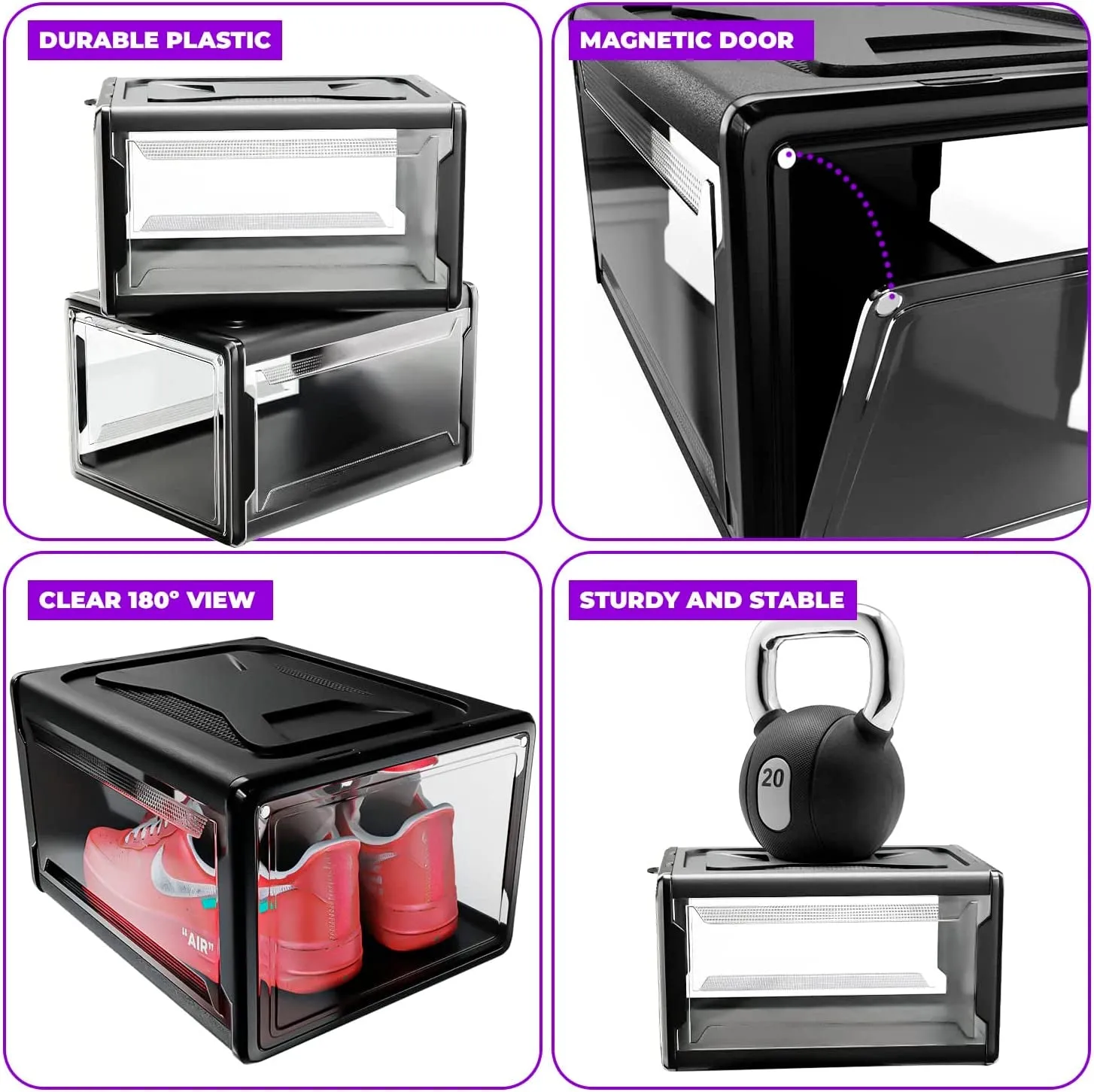 Urban Loft Premium Stackable Acrylic Shoe Storage Boxes - Clear Organizer for Closet - Set of 3 Large Sneaker Display Cases with Drop Lid - Black