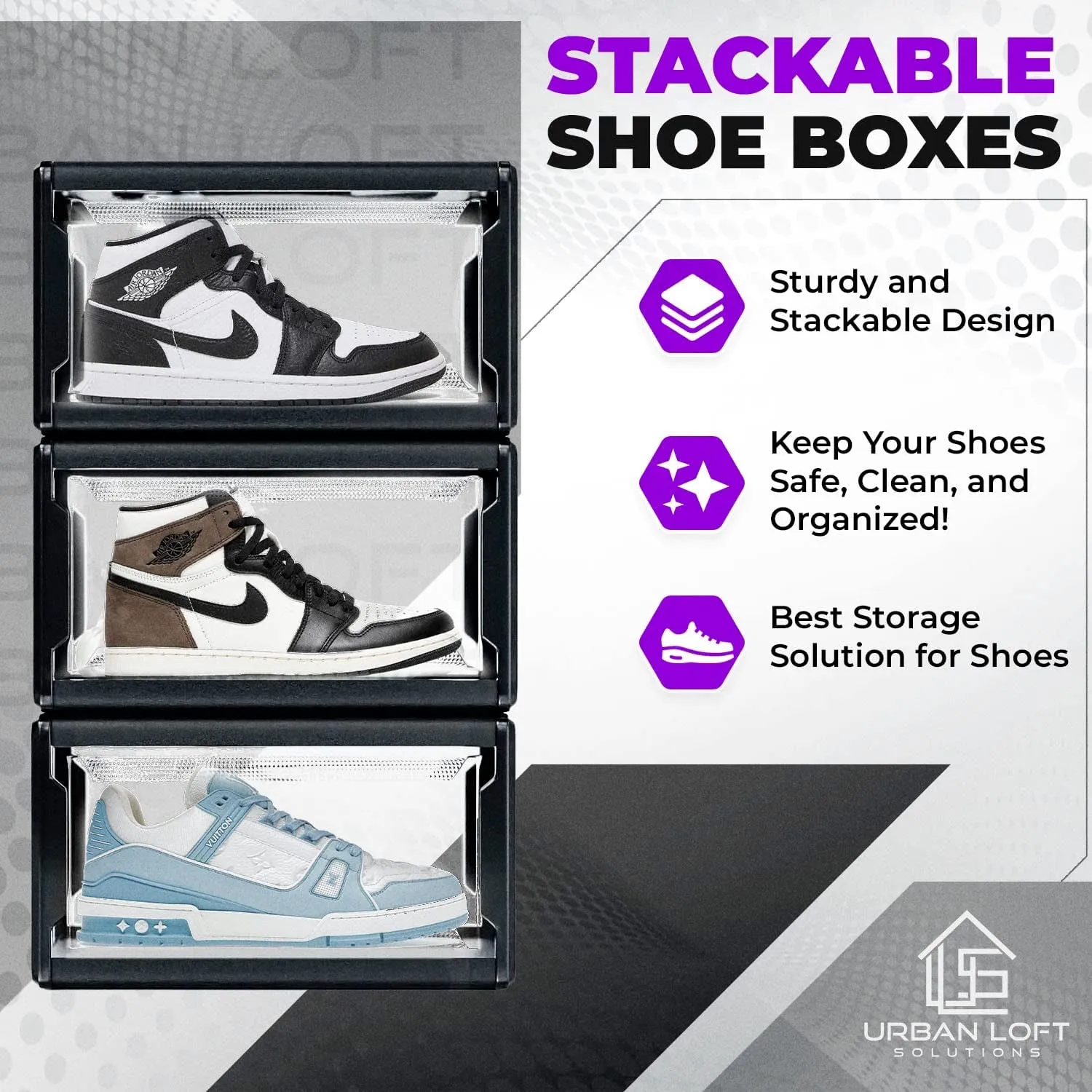 Urban Loft Premium Stackable Acrylic Shoe Storage Boxes - Clear Organizer for Closet - Set of 3 Large Sneaker Display Cases with Drop Lid - Black