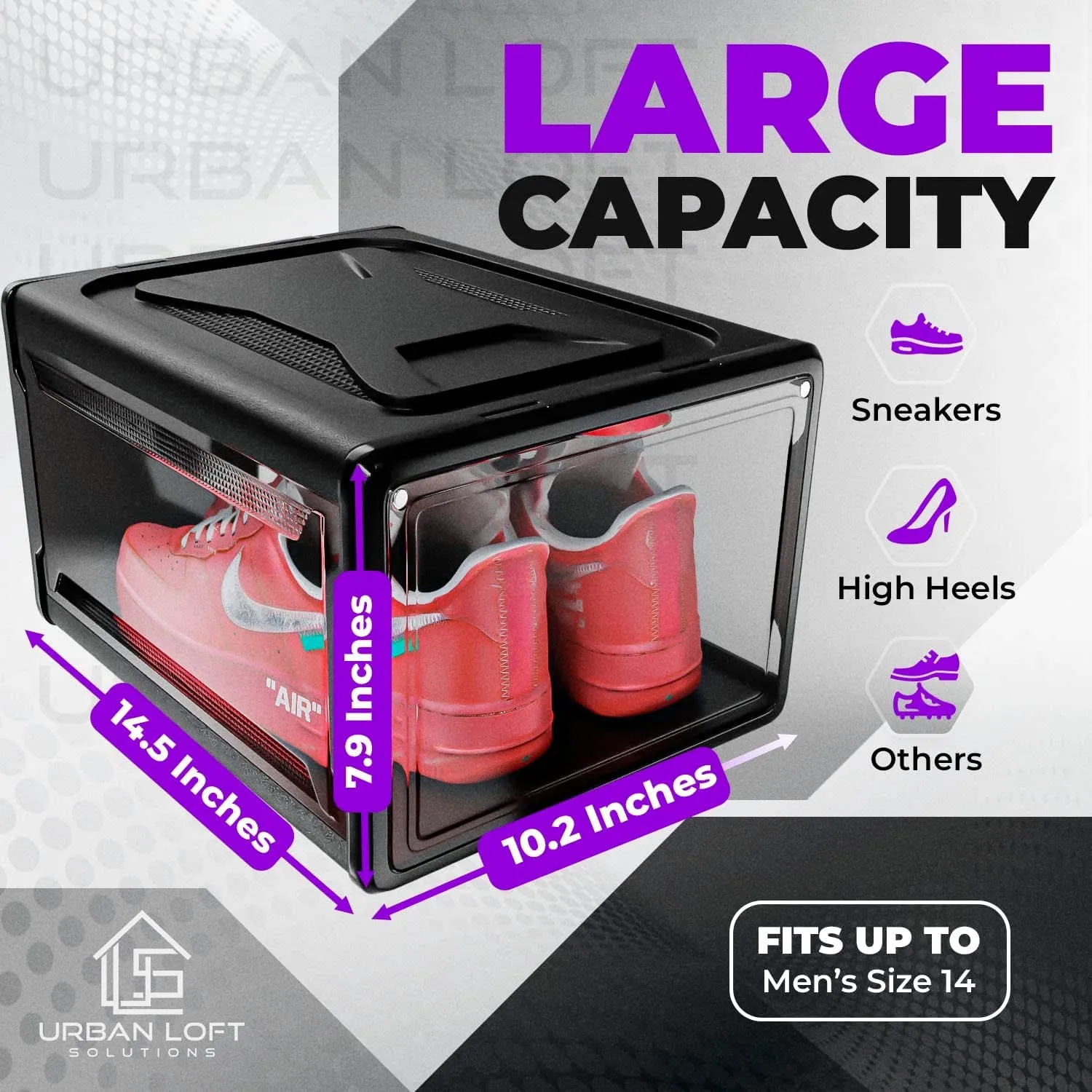 Urban Loft Premium Stackable Acrylic Shoe Storage Boxes - Clear Organizer for Closet - Set of 3 Large Sneaker Display Cases with Drop Lid - Black
