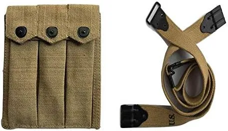 U.S. Army GI USGI WWII Triple 3 Magazine Thompson Belt Holster 3 Cell Canvas Pouch with M1903 Thompson Kerr Pattern Sling-Khaki Color (Combo)