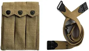 U.S. Army GI USGI WWII Triple 3 Magazine Thompson Belt Holster 3 Cell Canvas Pouch with M1903 Thompson Kerr Pattern Sling-Khaki Color (Combo)