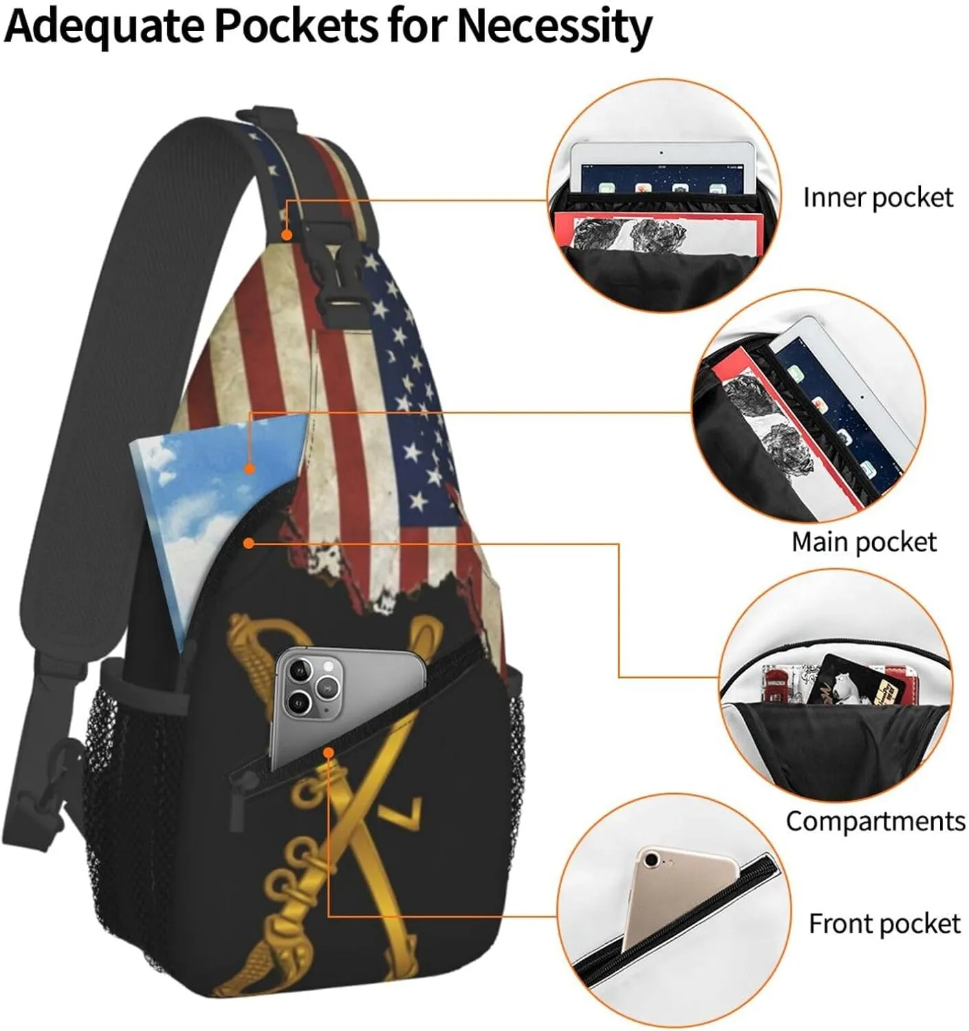 Us Flag 7th Cavalry Branch Wo Txt Small Crossbody Backpack Sling Bag For Men Women Mini One Shoulder Chest Bags Gym Sport Travel Hiking Daypack