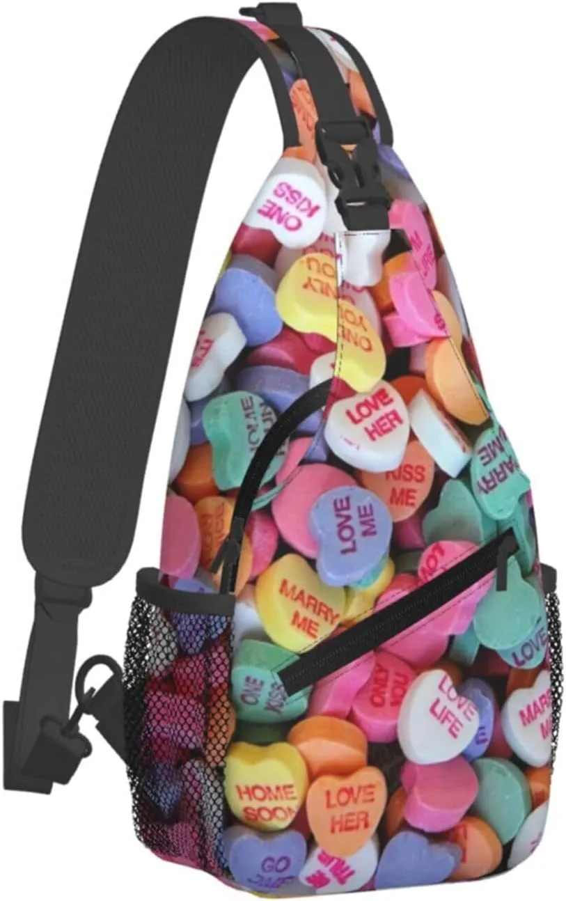 Valentines Day Candy Hearts Crossbody Sling Bag For Women Men Fashion Adjustable Chest Bag Shoulder Bag Sling Backpack Daypack For Sport Travel Hiking