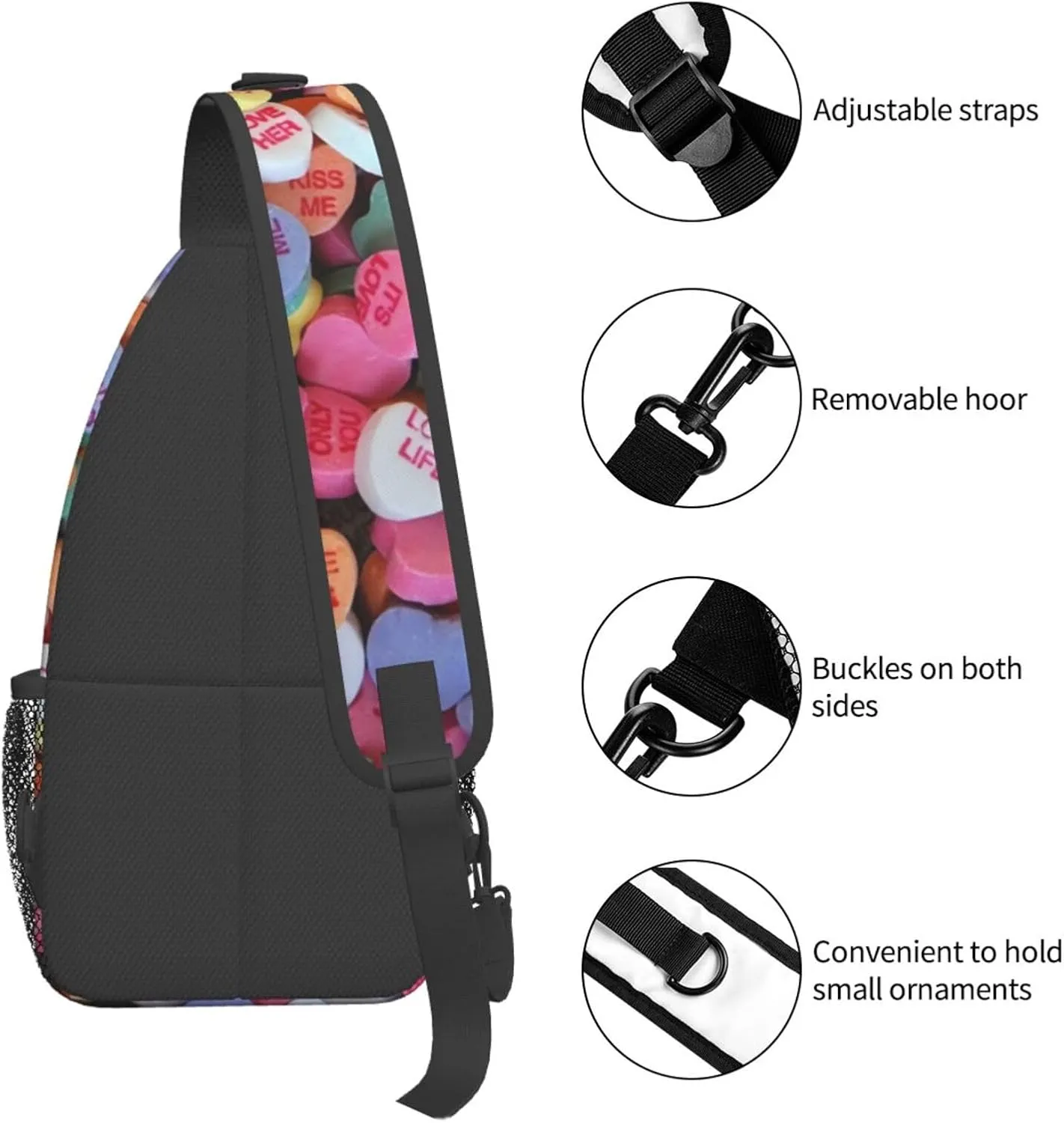 Valentines Day Candy Hearts Crossbody Sling Bag For Women Men Fashion Adjustable Chest Bag Shoulder Bag Sling Backpack Daypack For Sport Travel Hiking