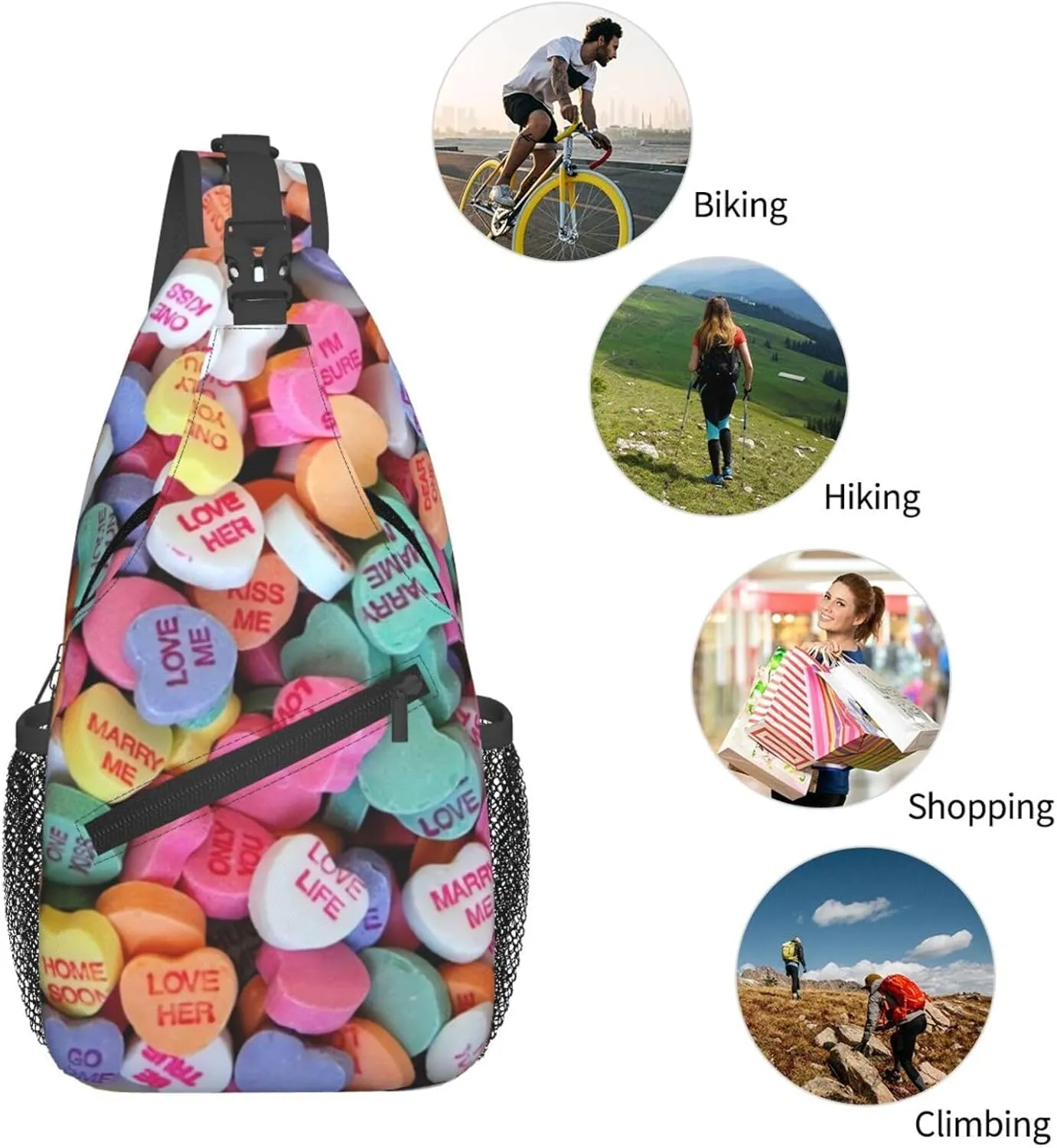 Valentines Day Candy Hearts Crossbody Sling Bag For Women Men Fashion Adjustable Chest Bag Shoulder Bag Sling Backpack Daypack For Sport Travel Hiking