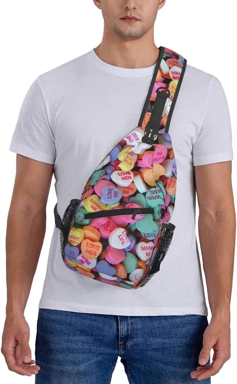 Valentines Day Candy Hearts Crossbody Sling Bag For Women Men Fashion Adjustable Chest Bag Shoulder Bag Sling Backpack Daypack For Sport Travel Hiking