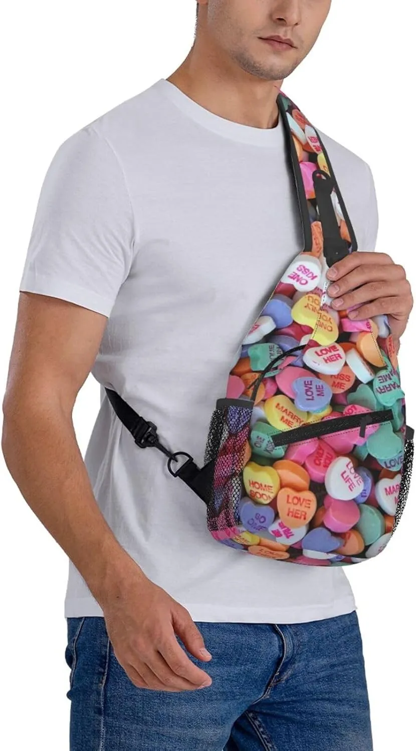 Valentines Day Candy Hearts Crossbody Sling Bag For Women Men Fashion Adjustable Chest Bag Shoulder Bag Sling Backpack Daypack For Sport Travel Hiking