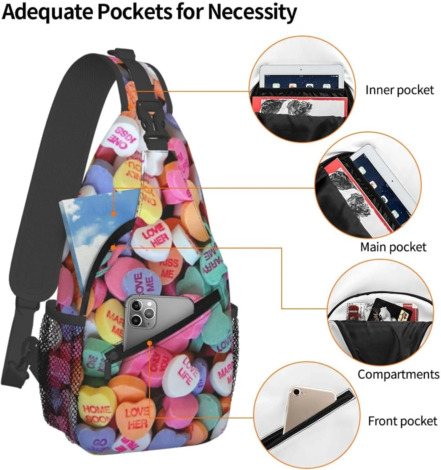 Valentines Day Candy Hearts Crossbody Sling Bag For Women Men Fashion Adjustable Chest Bag Shoulder Bag Sling Backpack Daypack For Sport Travel Hiking
